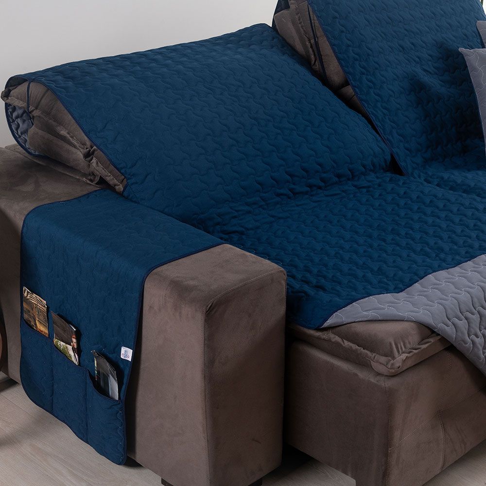 Kit Protetor de Sofá Retrátil Shield com Almofadas Azul Marinho/Cinza - Vários Tamanhos