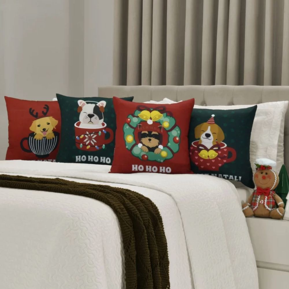 Kit 4 Capas de Almofada - Cachorros Natalinos