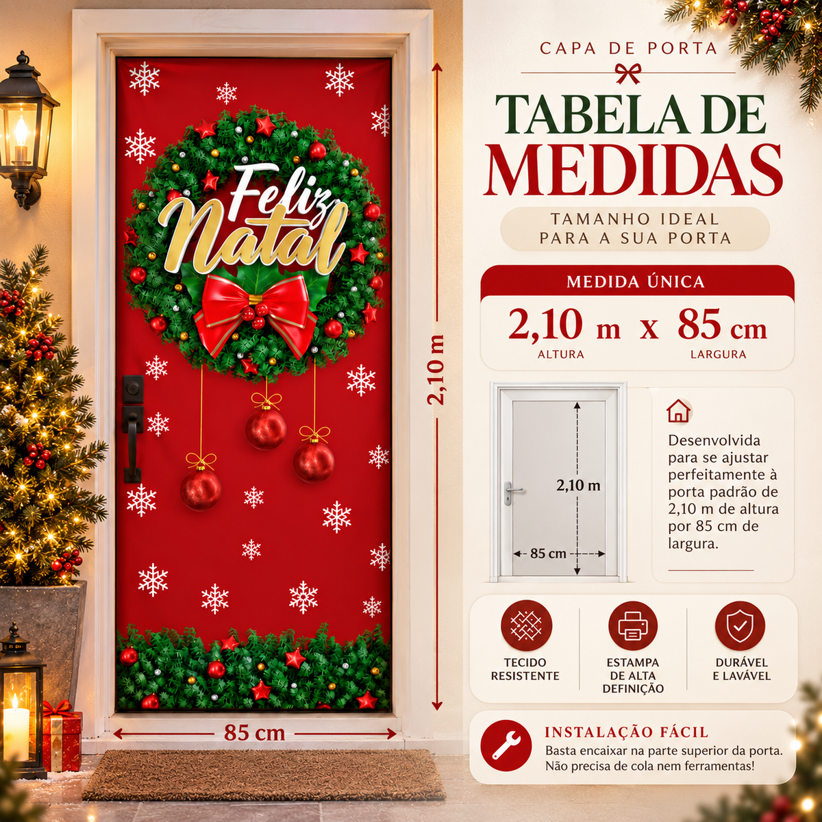 Capa de Porta Natalina Decorativa Com Elástico 0,85x2,10 - Várias Estampas