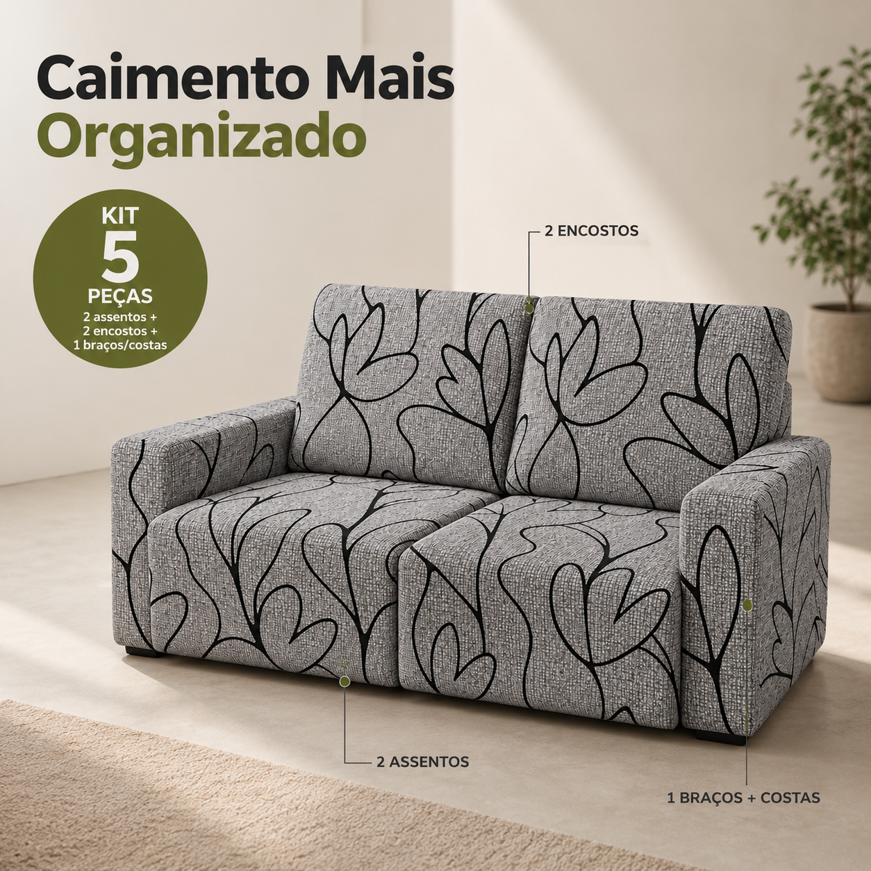 Capa para sofá retrátil 2 módulos 5pçs Cobertura Completa - Tulipa