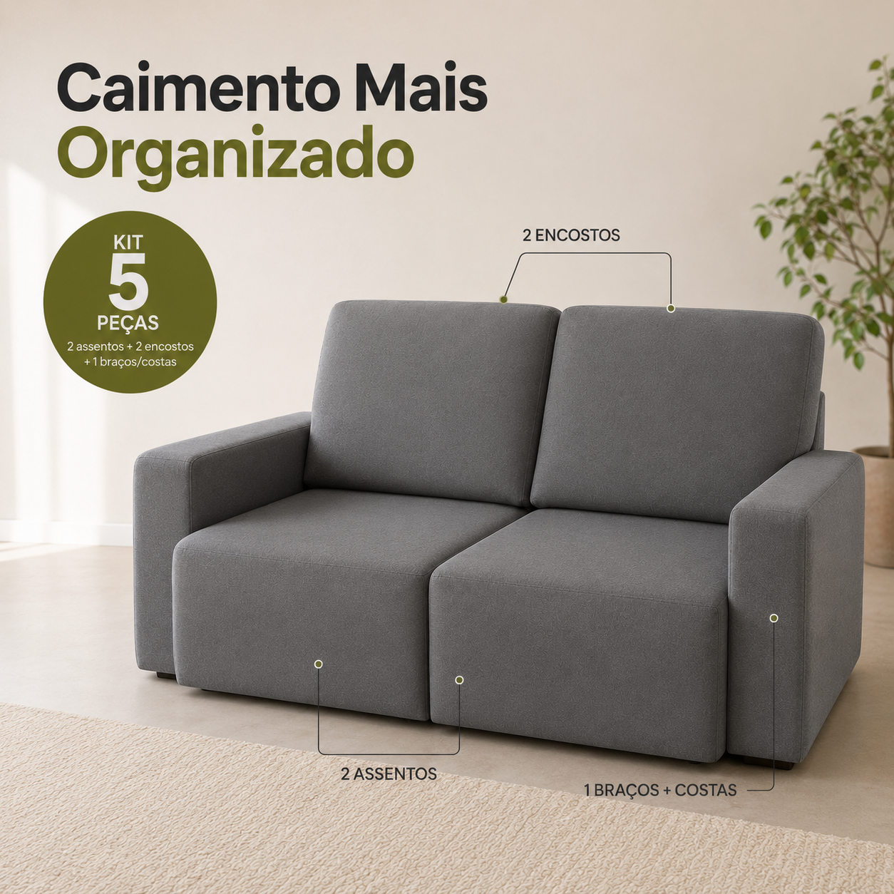 Capa para sofá retrátil 2 módulos 5pçs Cobertura Completa - Cinza Chumbo