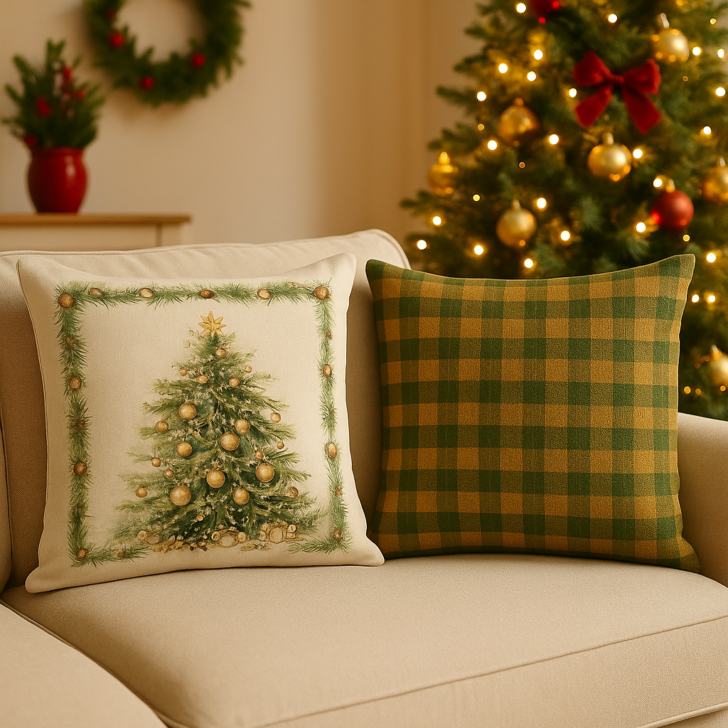 Kit 2 Capas de Almofadas 50 x 50cm- Natal Verde e Dourado
