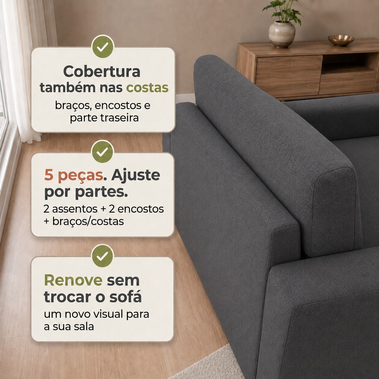 Capa para sofá retrátil 2 módulos 5pçs Cobertura Completa - Cinza Chumbo