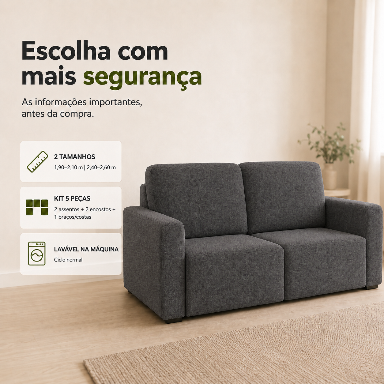 Capa para sofá retrátil 2 módulos 5pçs Cobertura Completa - Cinza Chumbo