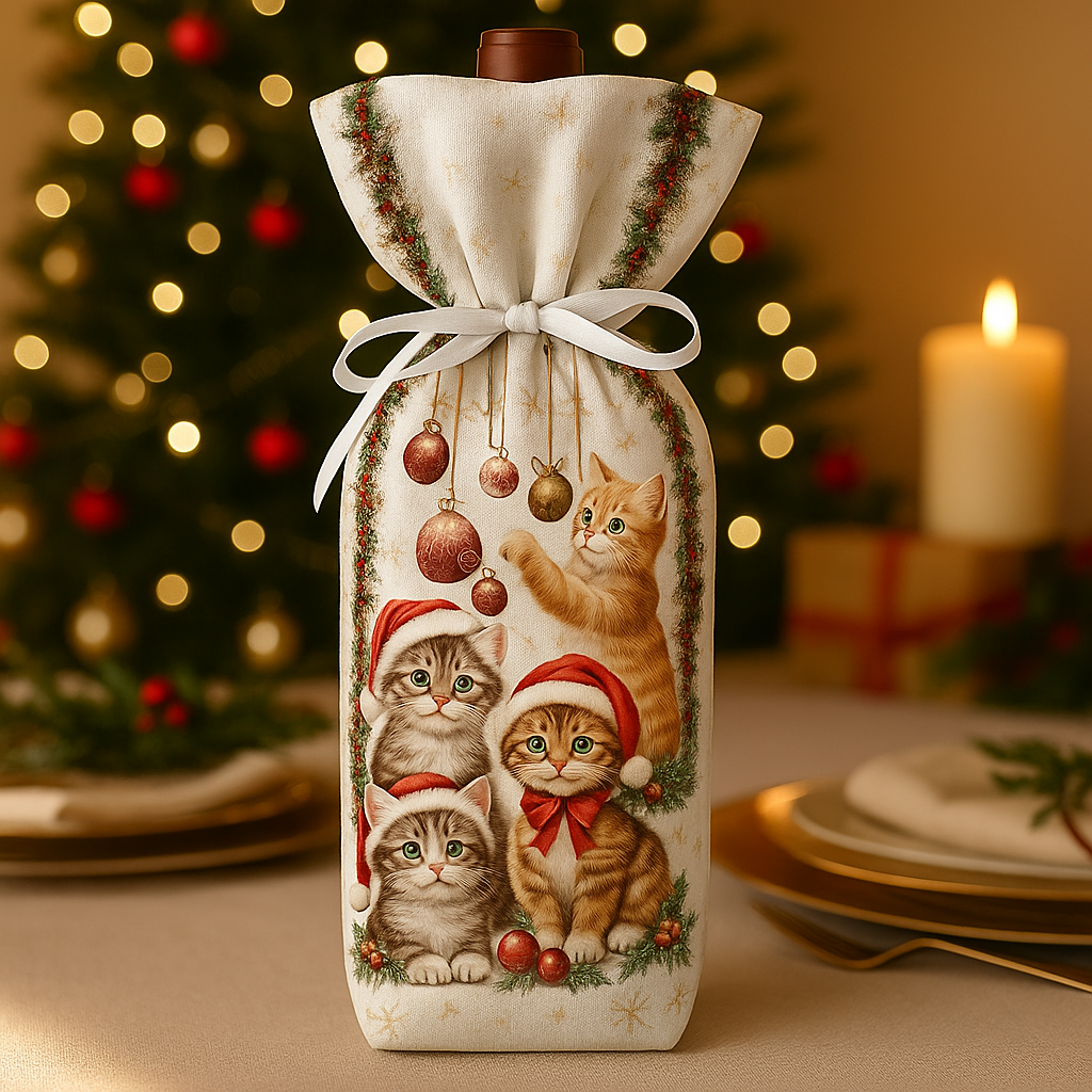 Porta Vinho com Fita Natal - Gatos
