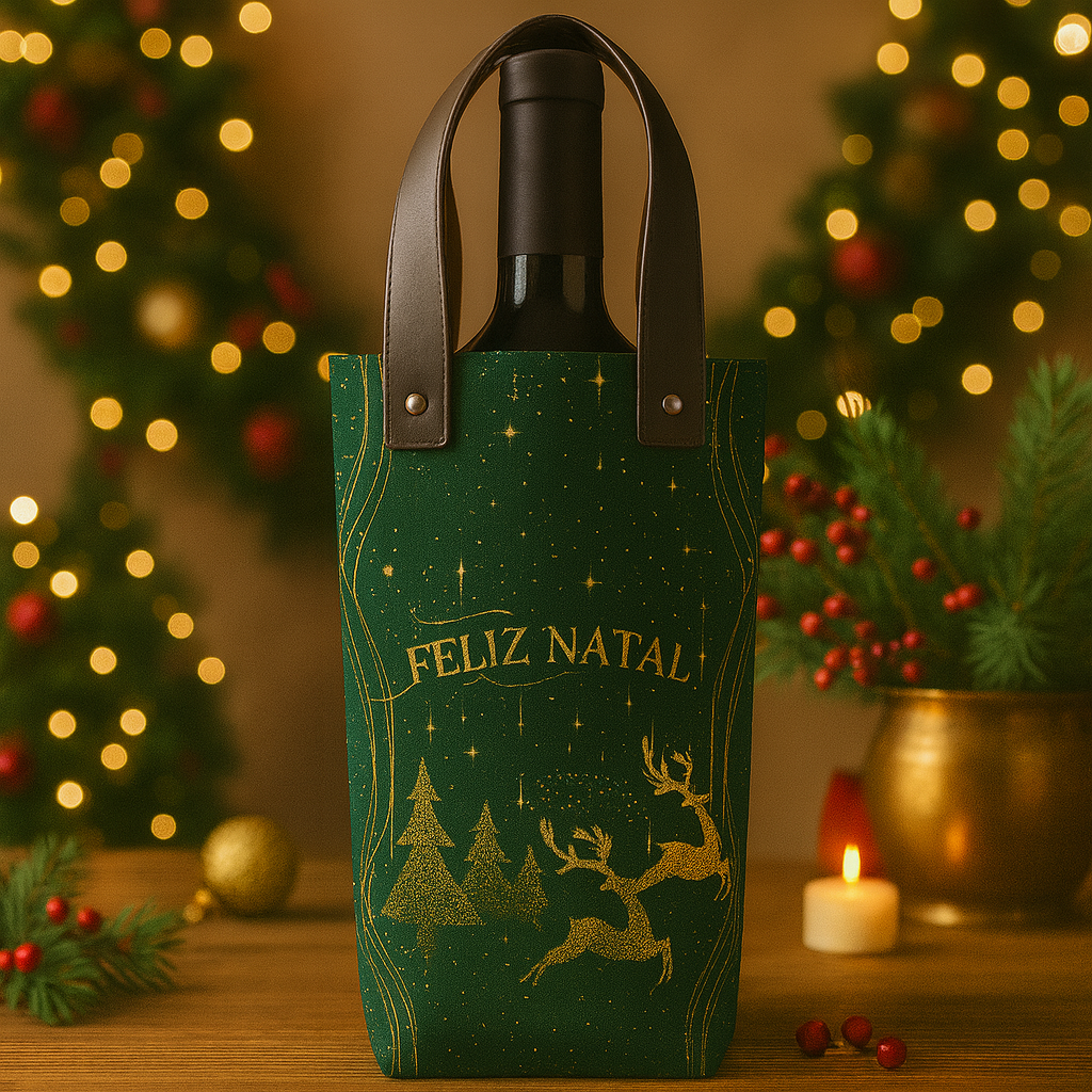 Porta Vinho Alça de Couro Natal- Pinheiros e Rena