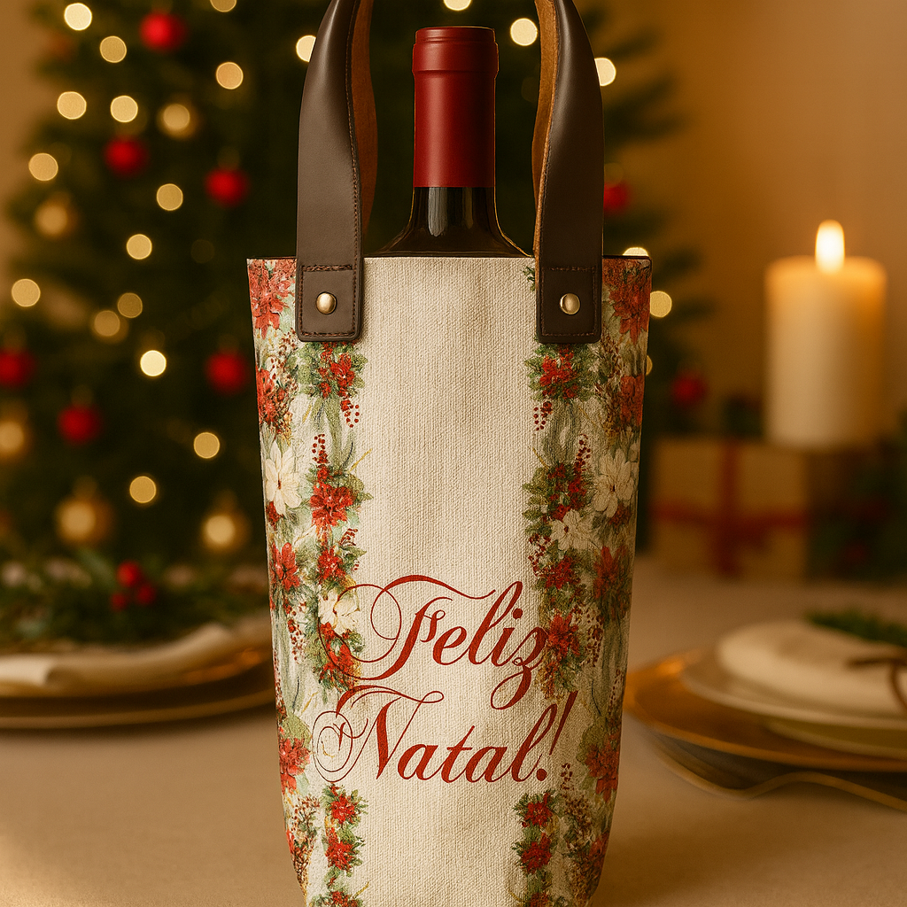 Porta Vinho Alça de Couro Natal- Poinsetia