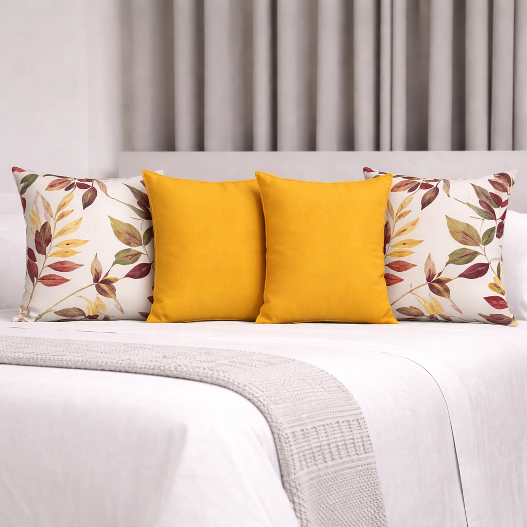 Kit 4 Capas de Almofada -Abstrato Folhas Amarelas