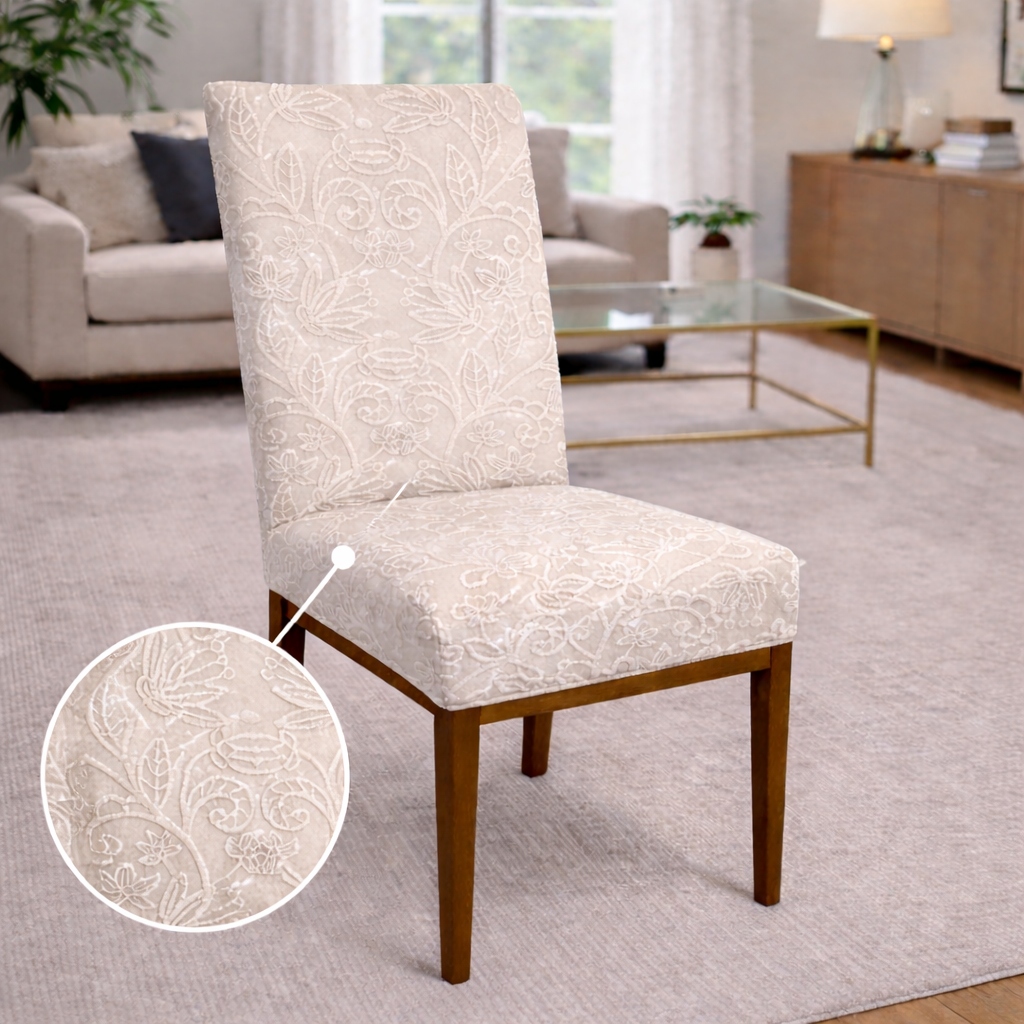 Capa de Cadeira Suede Jacquard Alto Relevo Off White- Flores