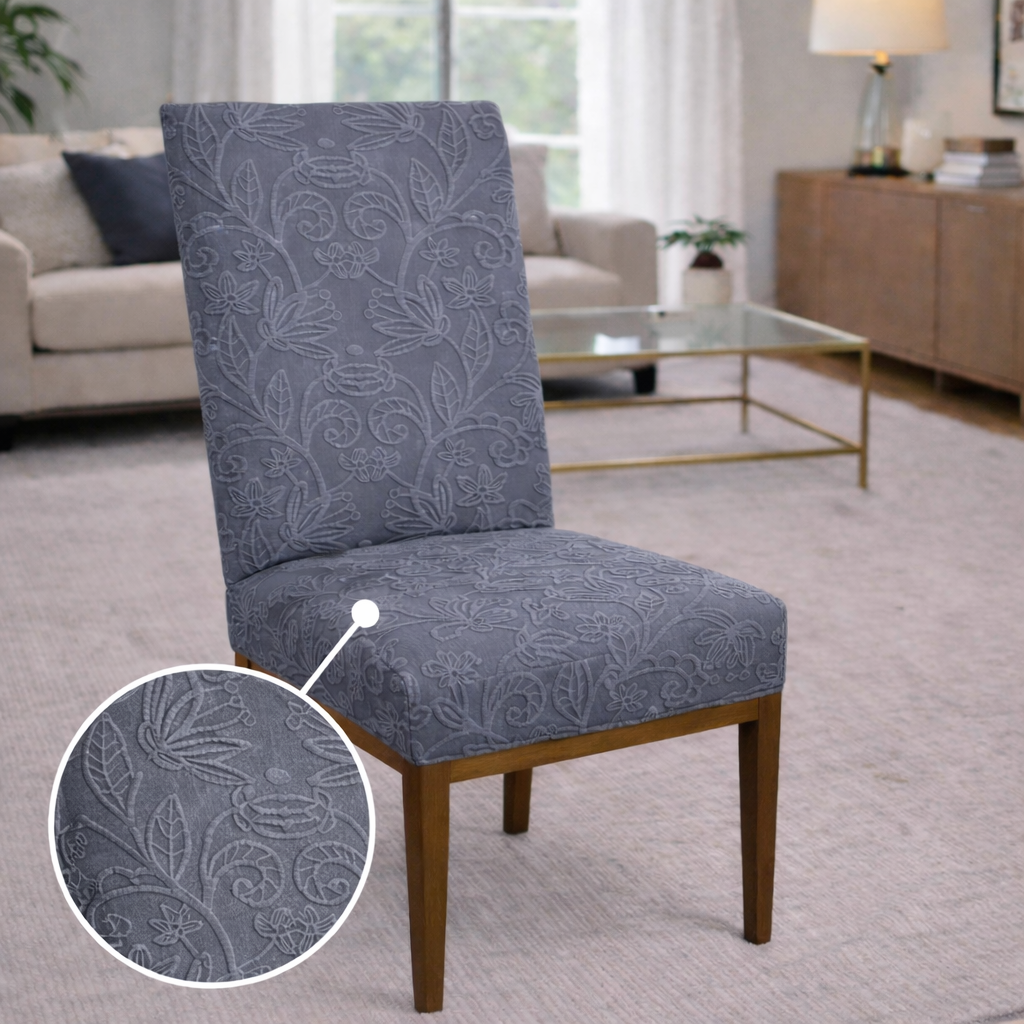 Capa de Cadeira Suede Jacquard Alto Relevo Cinza- Flores