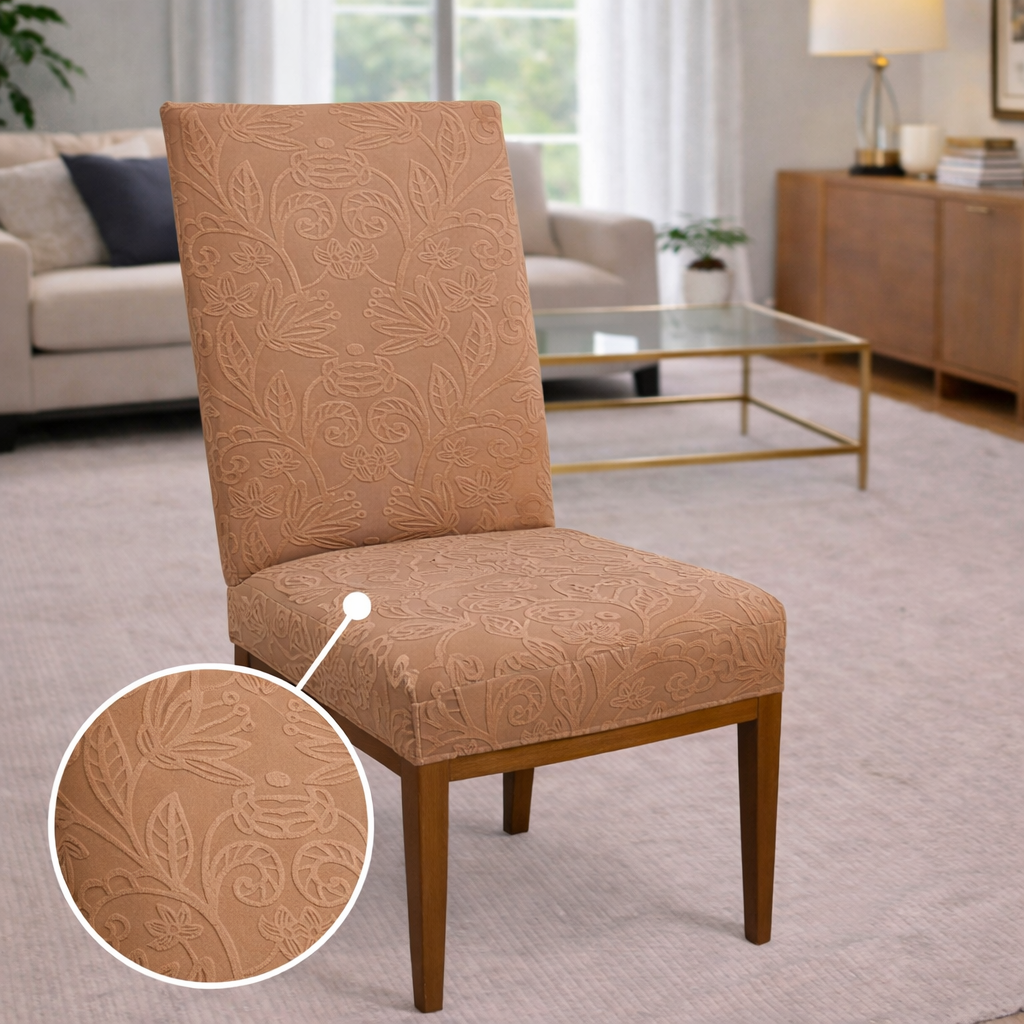 Capa de Cadeira Suede Jacquard Alto Relevo Marrom- Flores