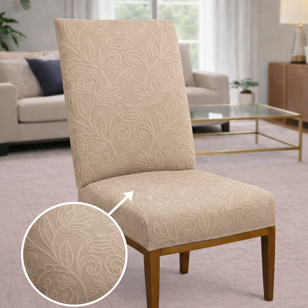 Capa de Cadeira Suede Jacquard Alto Relevo Bege- Flores