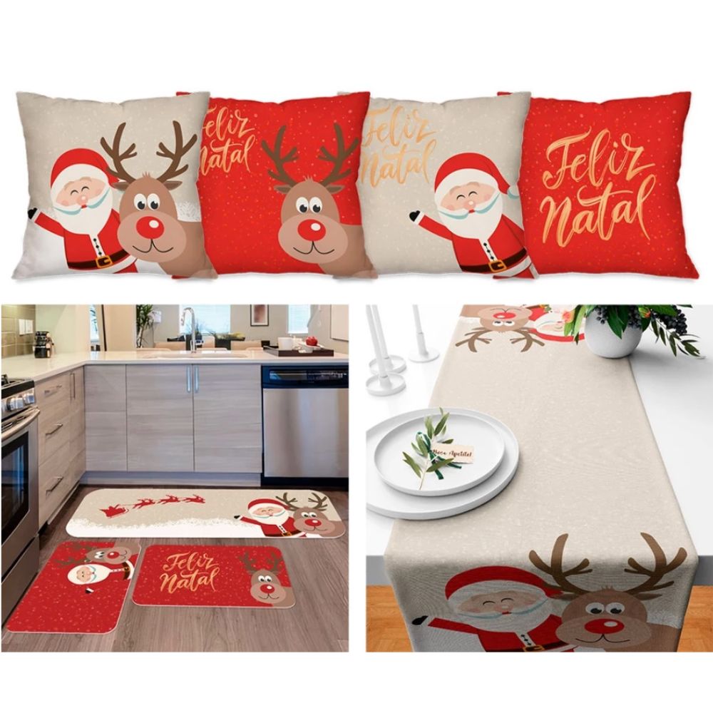 Kit Natal 4 Capas de Almofada + Kit 3 Tapetes + 1 Trilho de Mesa - Feliz Natal