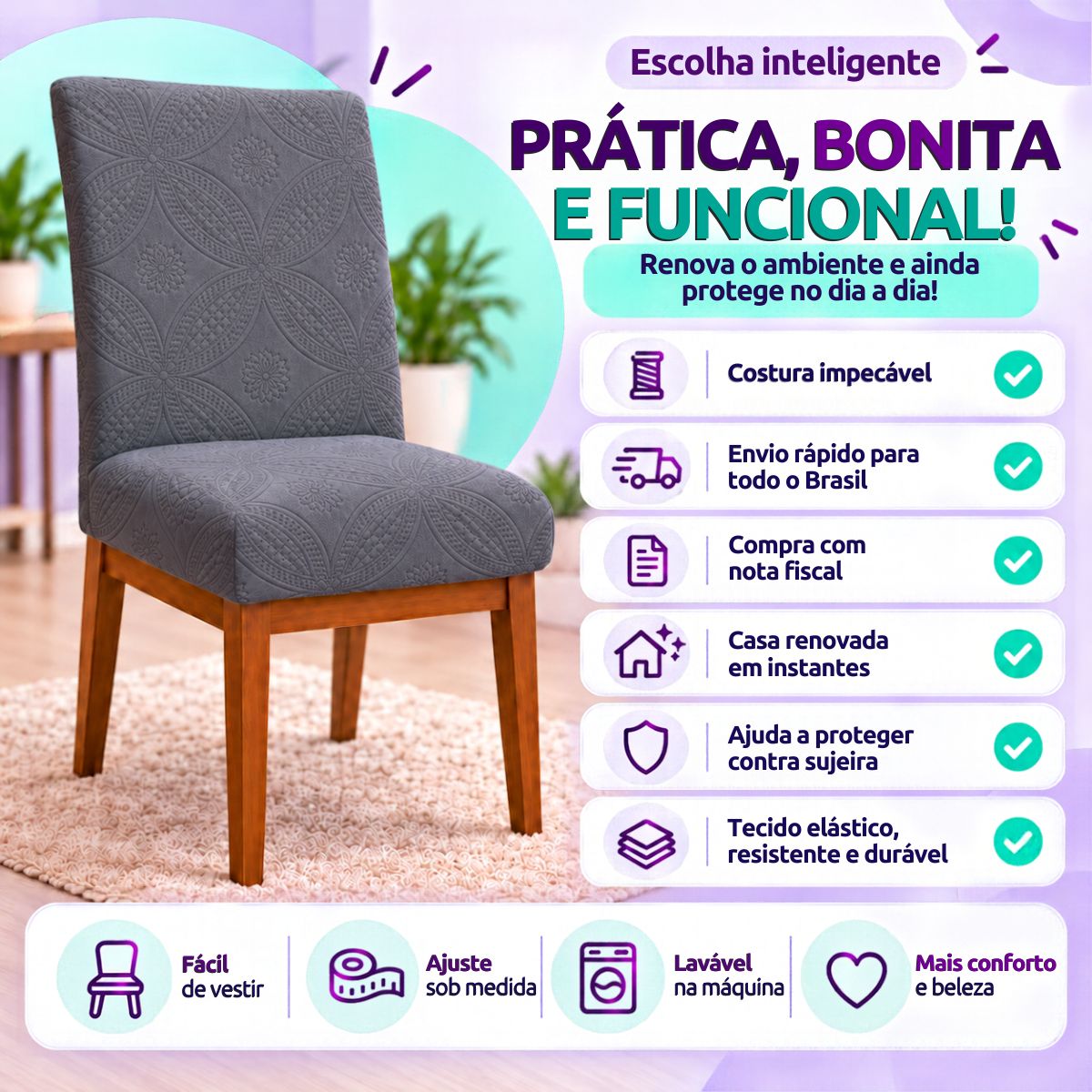 Capa de Cadeira Matelassê Confort Plus Arabescos Resistente a Gato- Cinza