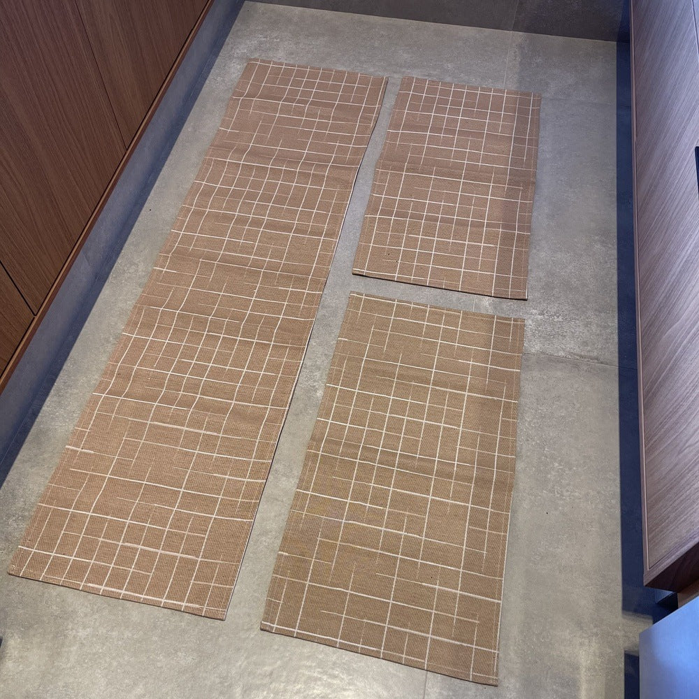 Kit Tapete De Cozinha 3 Peças Antiderrapante - Listrado Bege
