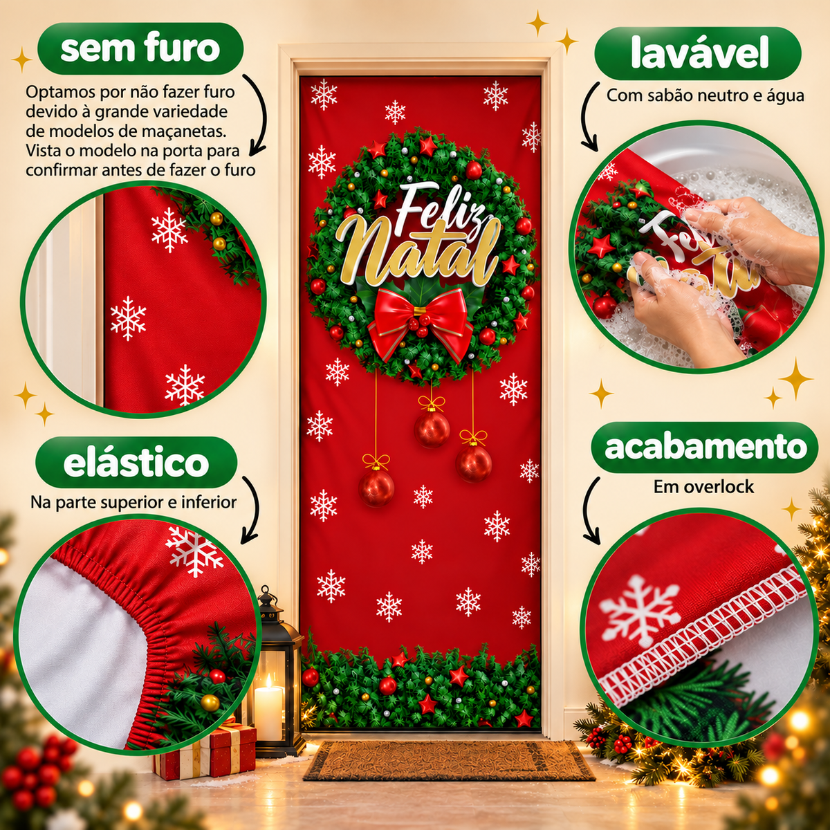 Capa de Porta Natalina Decorativa Com Elástico 0,85x2,10 - Várias Estampas
