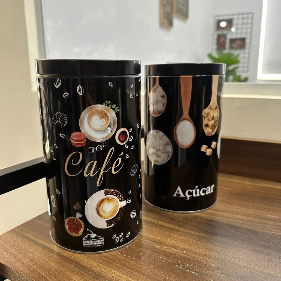 Lata Redonda Café/Açúcar Duas Peças- Preto