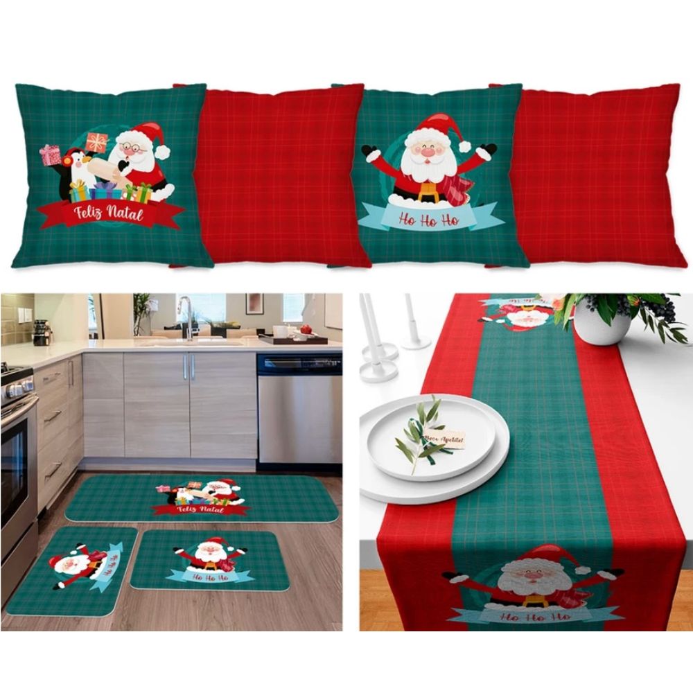 Kit Natal 4 Capas de Almofada + Kit 3 Tapetes + 1 Trilho de Mesa - Natal Xadrez