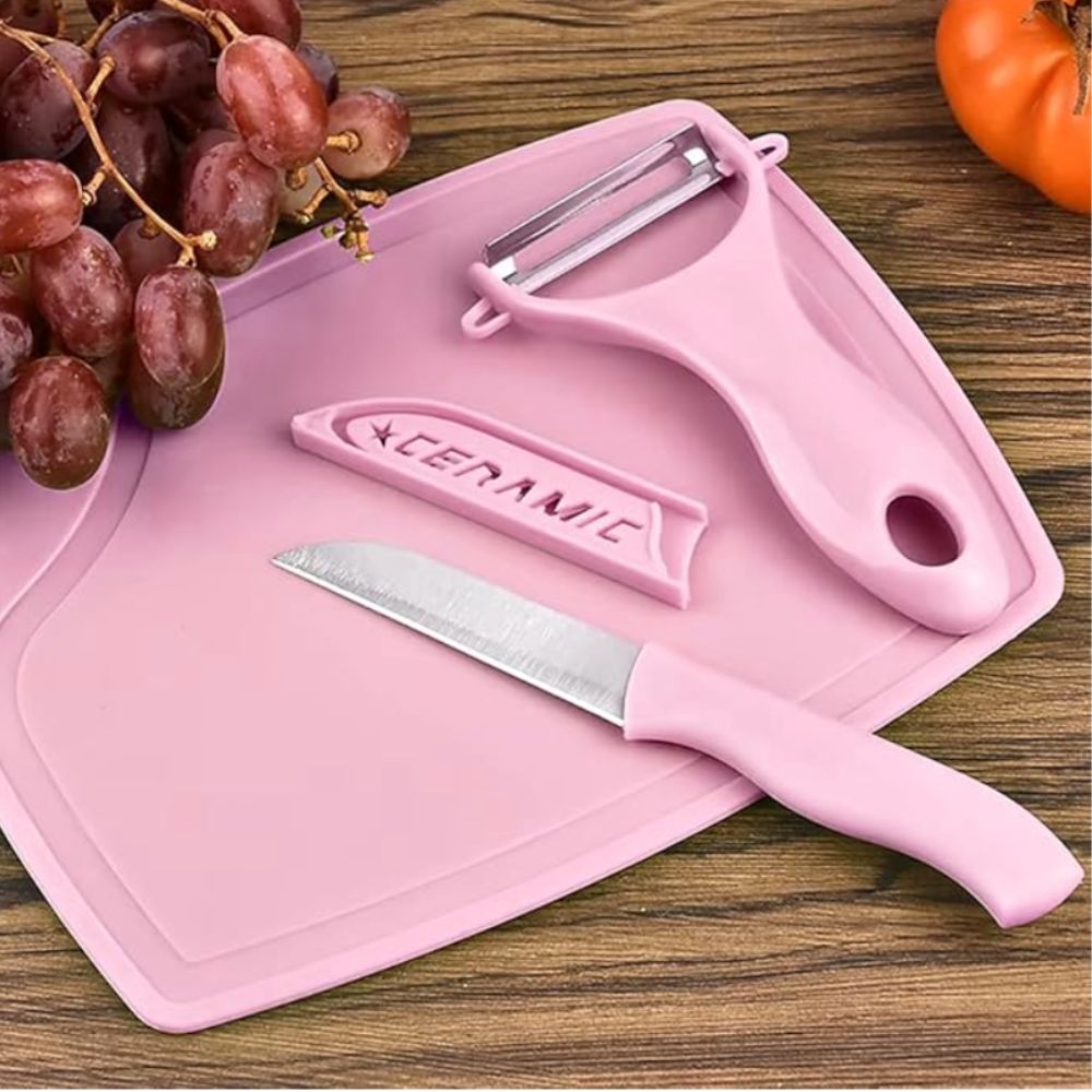 BRINDE Kit Tabua de Corte + Faca + Descascador- Cores Sortidas