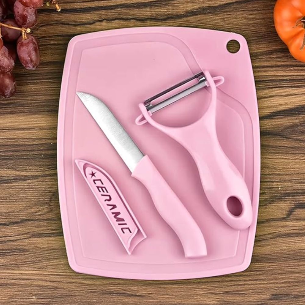 BRINDE Kit Tabua de Corte + Faca + Descascador- Cores Sortidas