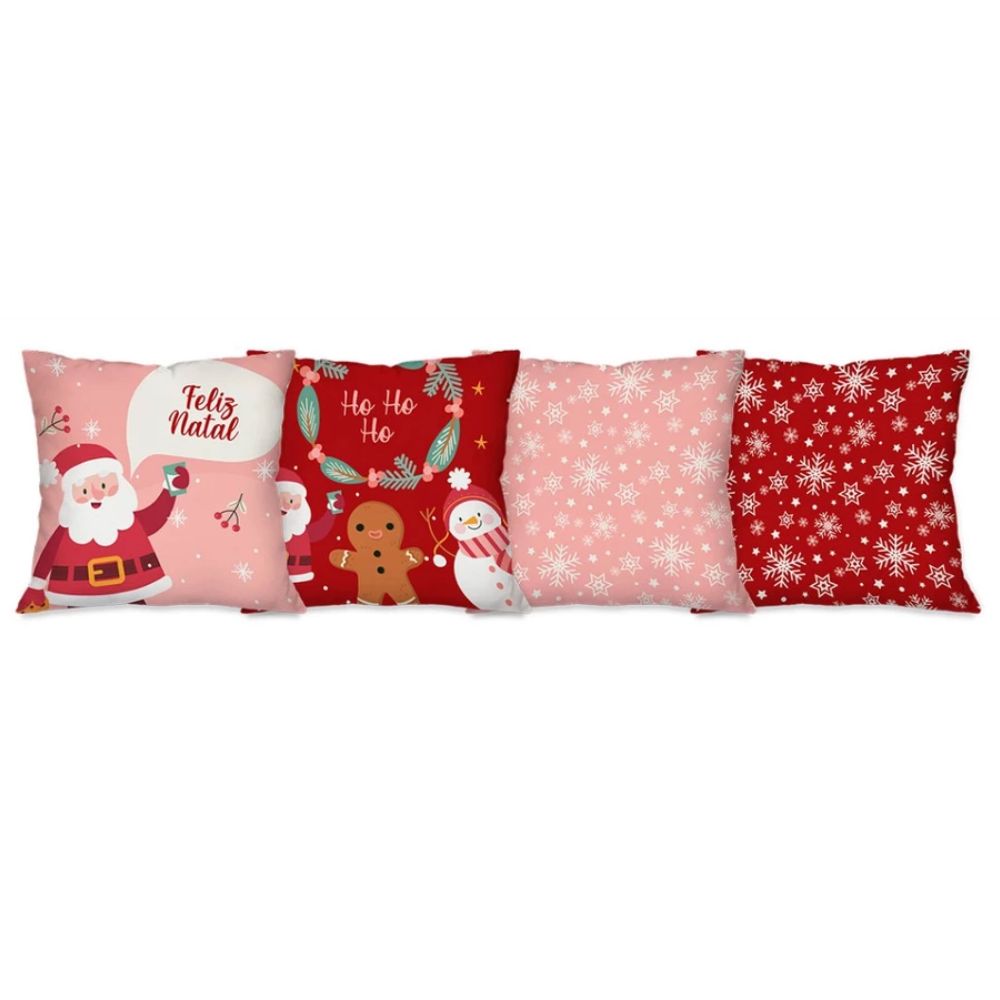 Kit Natal 4 Capas de Almofada + Kit 3 Tapetes + 1 Trilho de Mesa - Feliz Natal Rosa