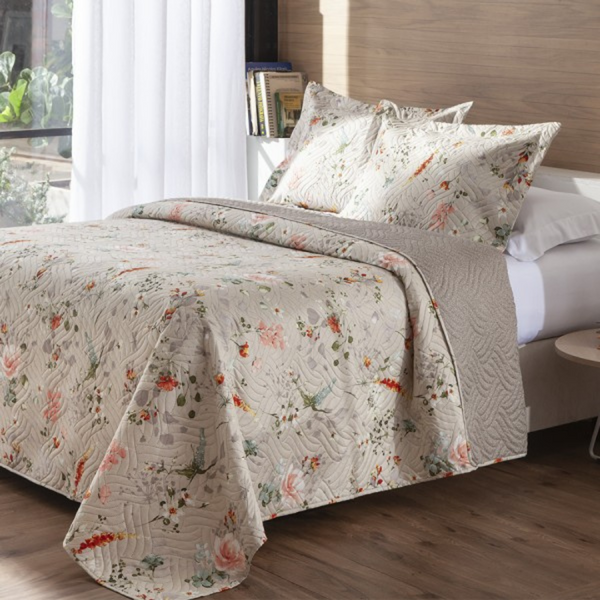 Kit Colcha Cama - Floral Bege