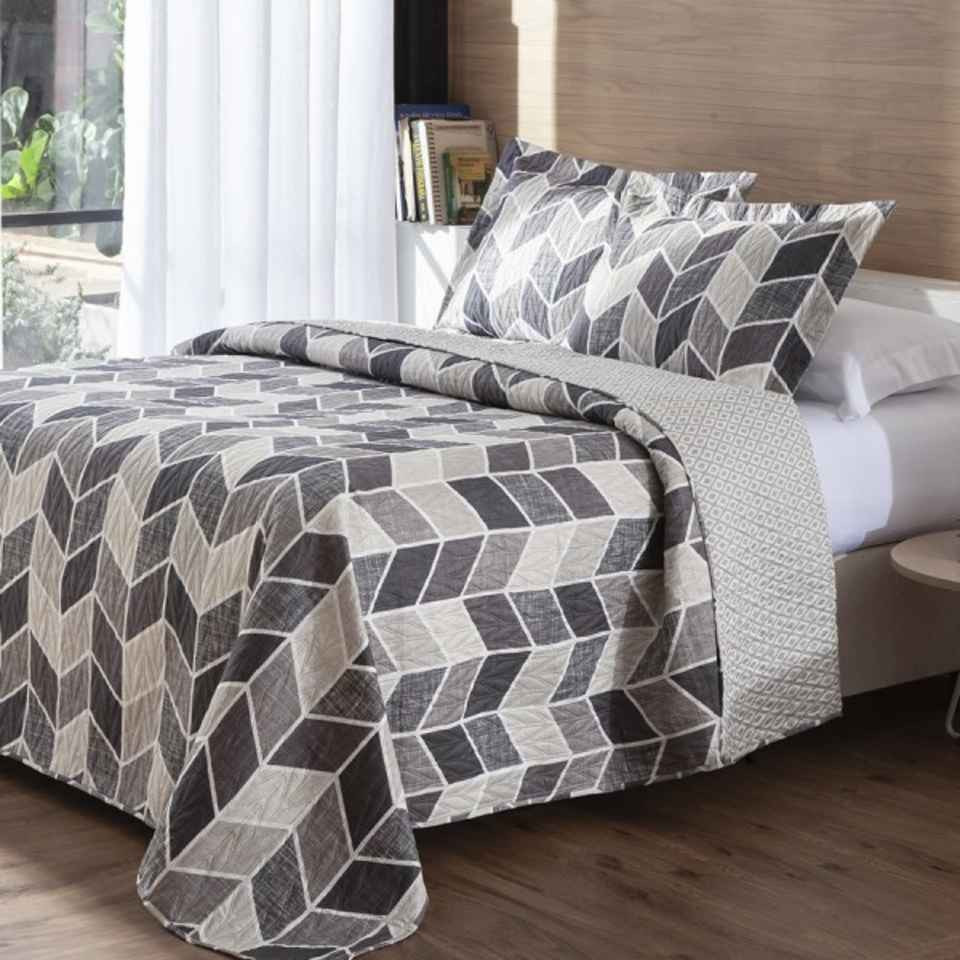 Kit Colcha Cama - Geométrico Cinza