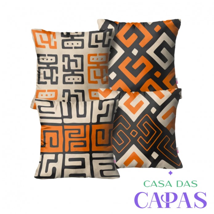 Kit 4 Capas de Almofada - Labirinto Laranja