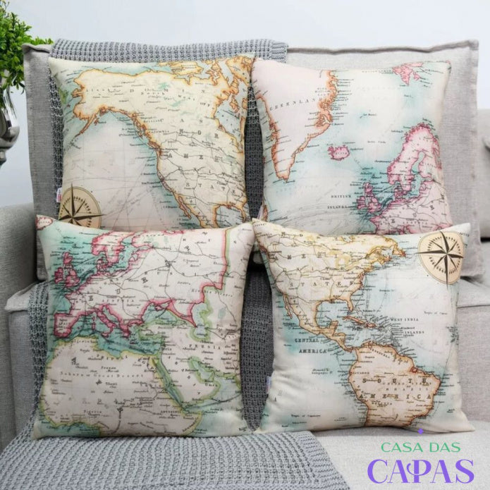 Kit 4 Capas de Almofada - Mapa Múndi