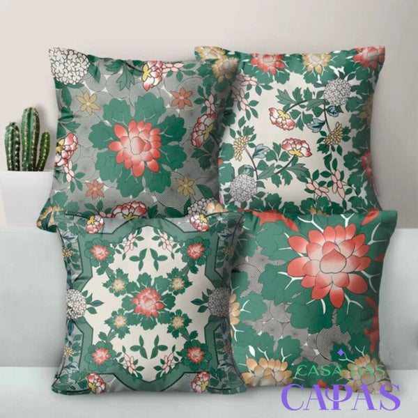 Kit 4 Capas de Almofada - Roseira Verde