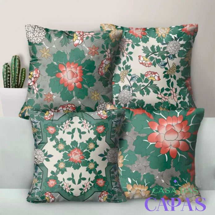 Kit 4 Capas de Almofada - Roseira Verde