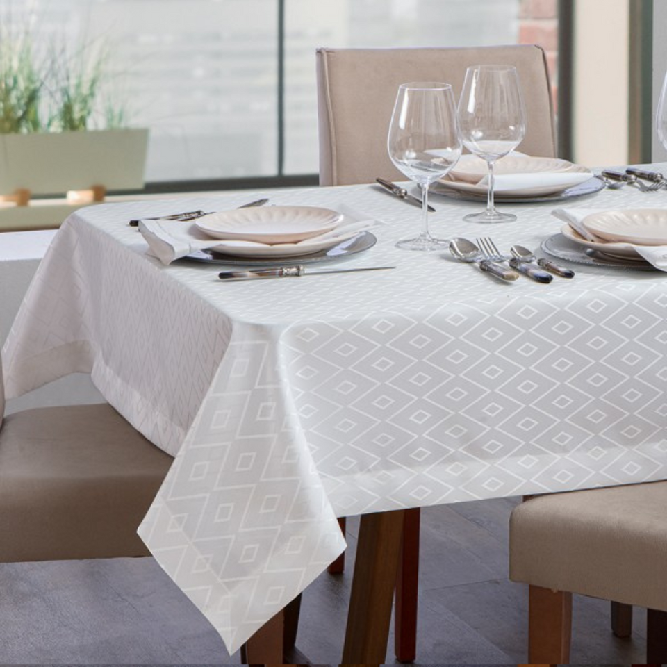 Toalha de Mesa Jacquard Firenza Hidrorepelente - Geométrico Branco