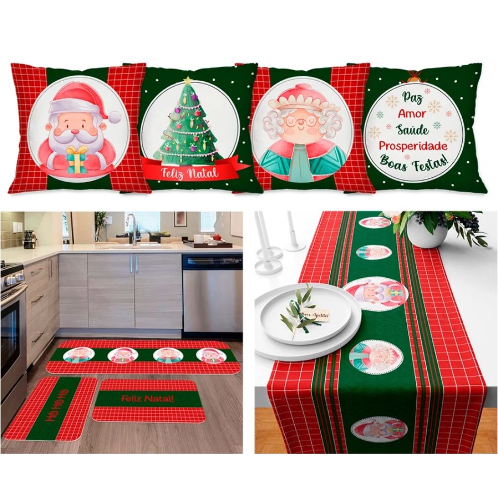 Kit Natal 4 Capas de Almofada + Kit 3 Tapetes + 1 Trilho de Mesa - Papai e Mamãe Noel