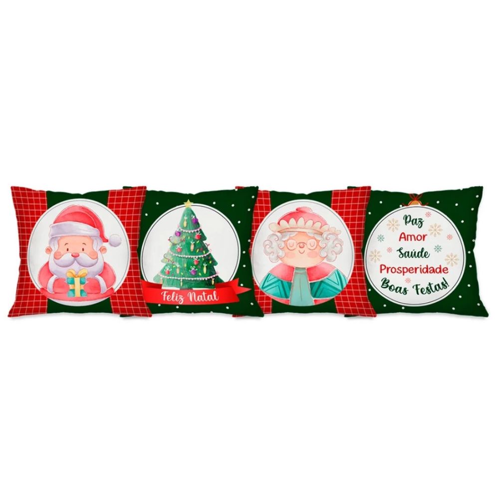 Kit Natal 4 Capas de Almofada + Kit 3 Tapetes + 1 Trilho de Mesa - Papai e Mamãe Noel