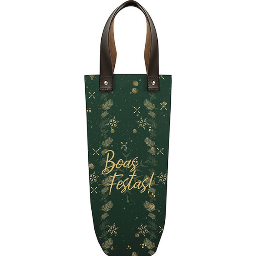 Porta Vinho Alça de Couro Natal- Verde e Dourado