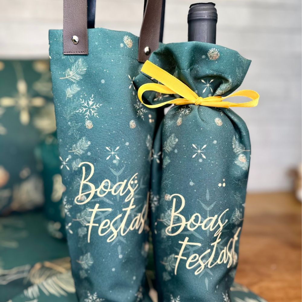 Porta Vinho Alça de Couro Natal- Verde e Dourado