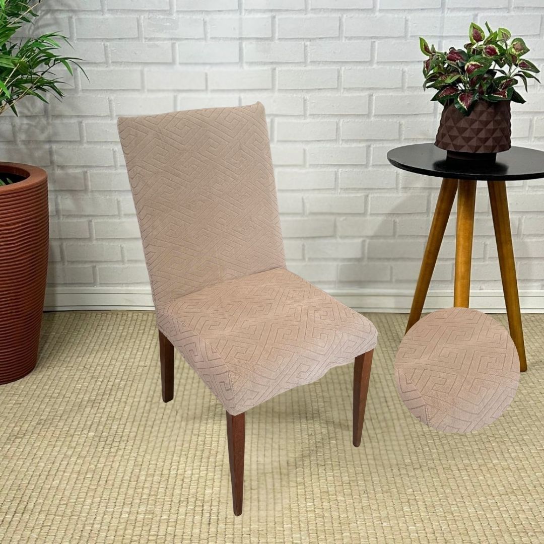 Capa de Cadeira Suede Jacquard Alto Relevo Bege-Labirinto