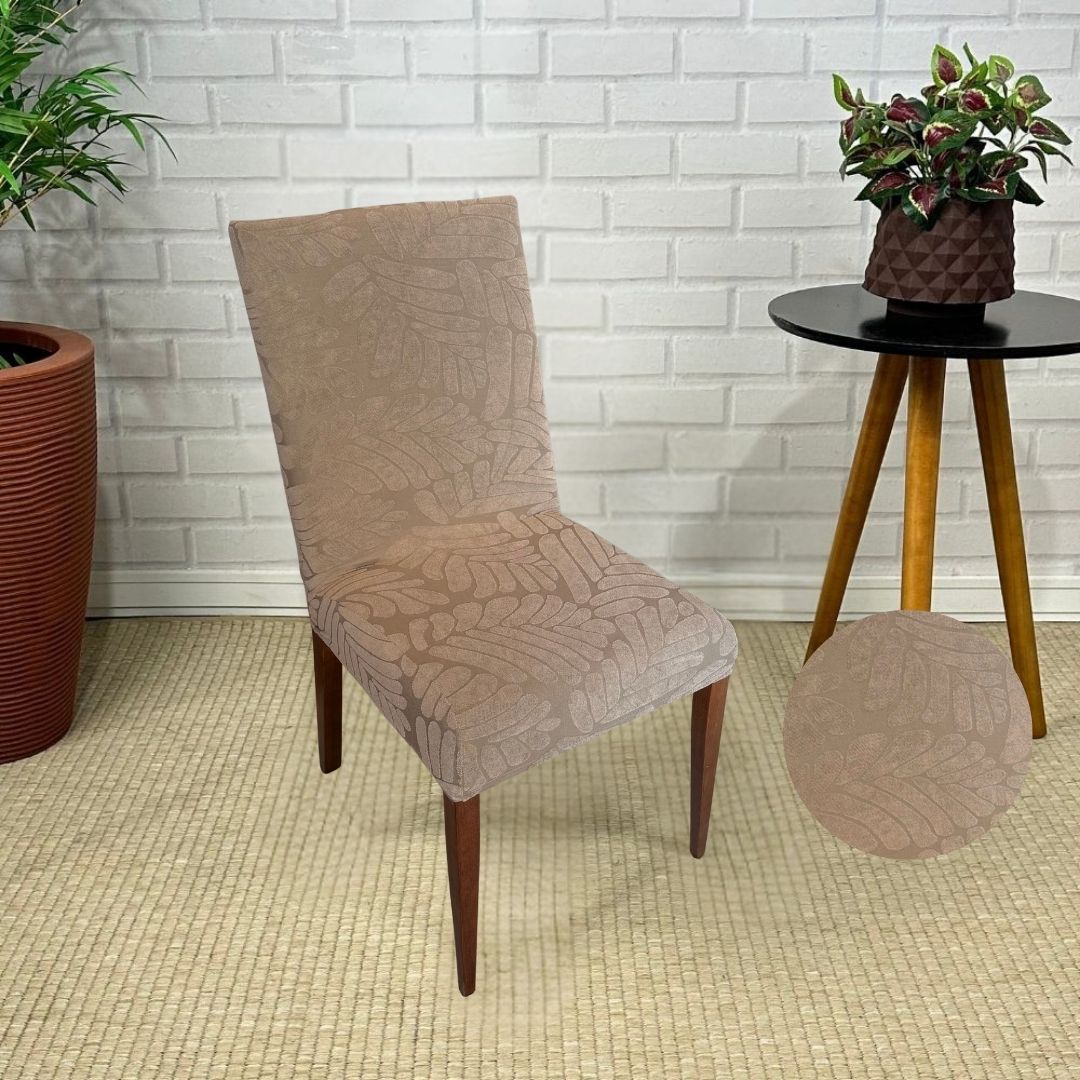 Capa de Cadeira Suede Jacquard Alto Relevo Bege-Folhas