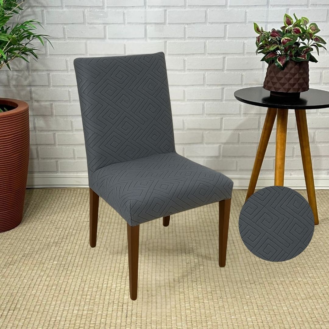 Capa de Cadeira Suede Jacquard Alto Relevo Cinza- Labirinto