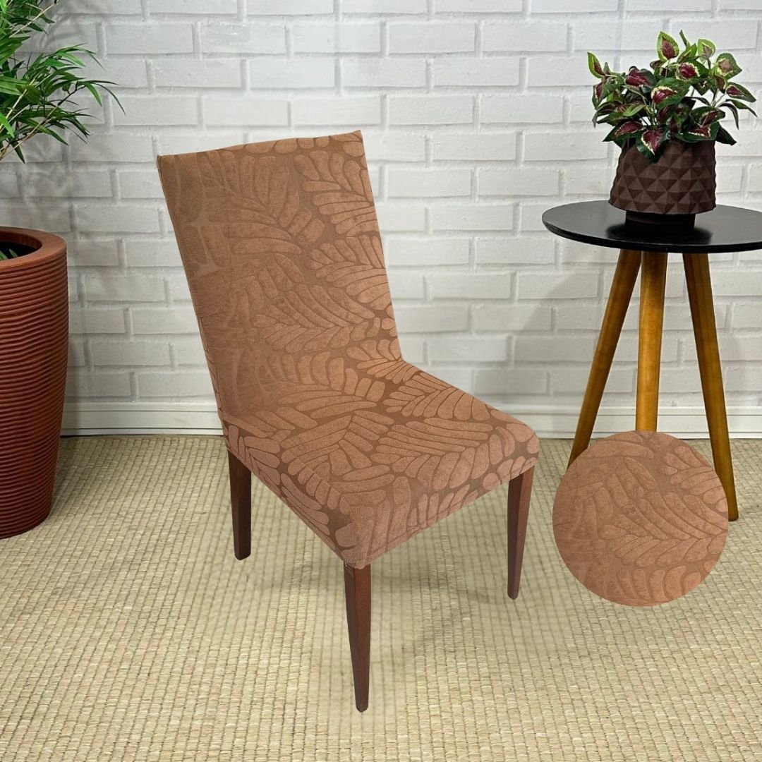 Capa de Cadeira Suede Jacquard Alto Relevo Marrom- Folhas