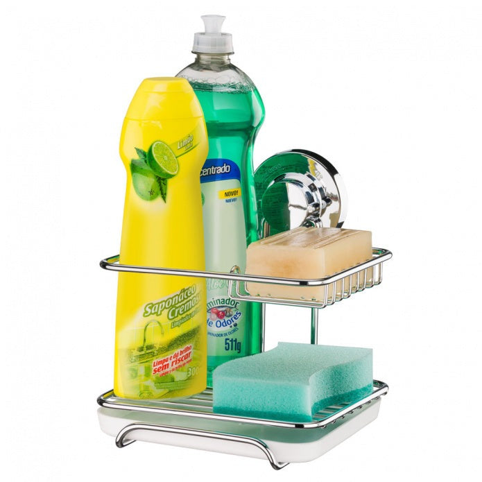 Suporte Para Sabão Detergente e Esponja Fixação com Ventosa Cromado
