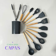 Utensílios de Cozinha unitário em silicone e madeira - Cinza