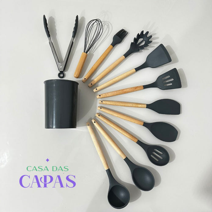 Utensílios de Cozinha unitário em silicone e madeira - Cinza