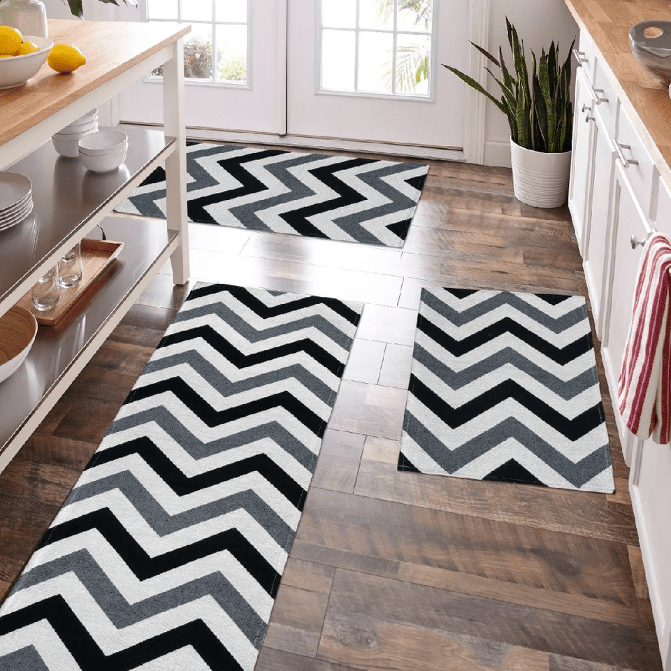 Kit Tapete De Cozinha 3 Peças Antiderrapante - Zig Zag Preto