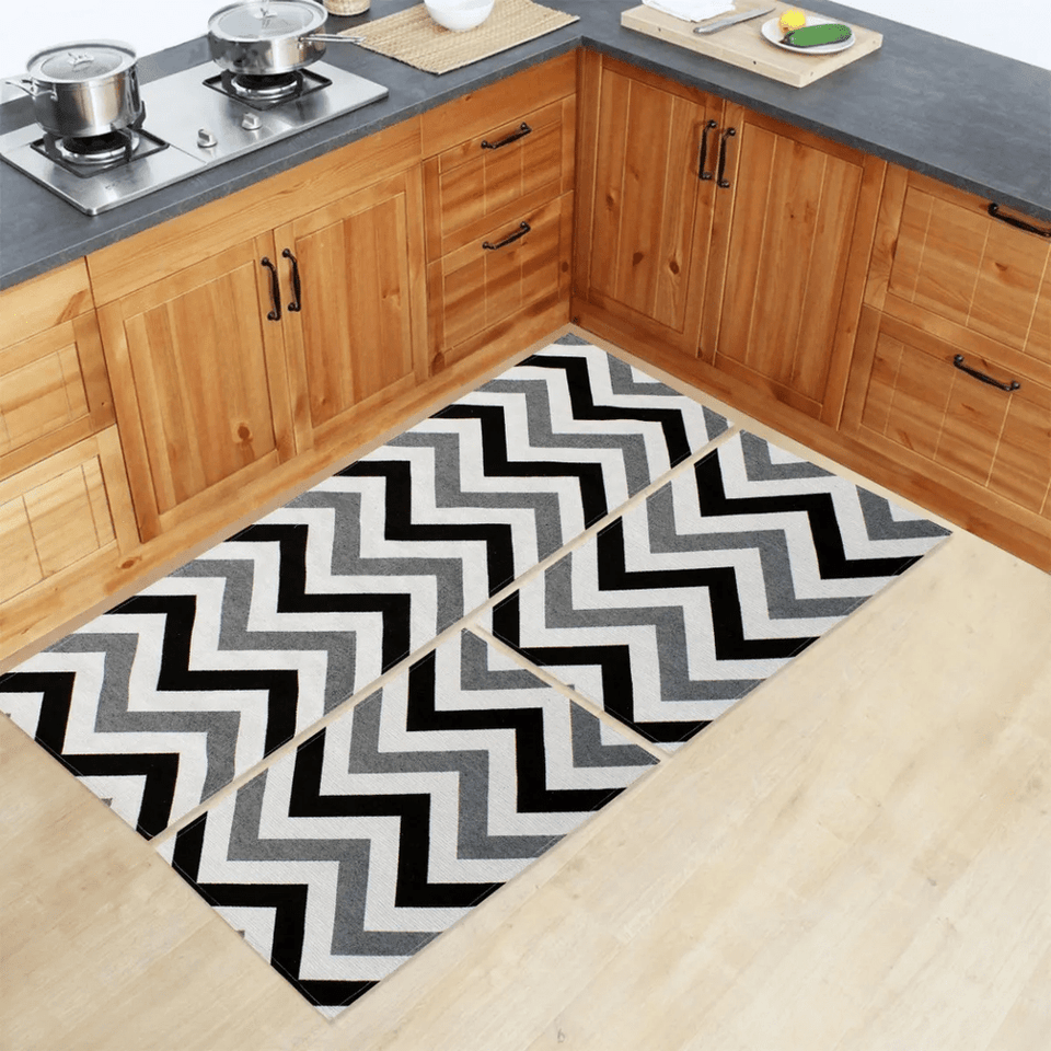Kit Tapete De Cozinha 3 Peças Antiderrapante - Zig Zag Preto